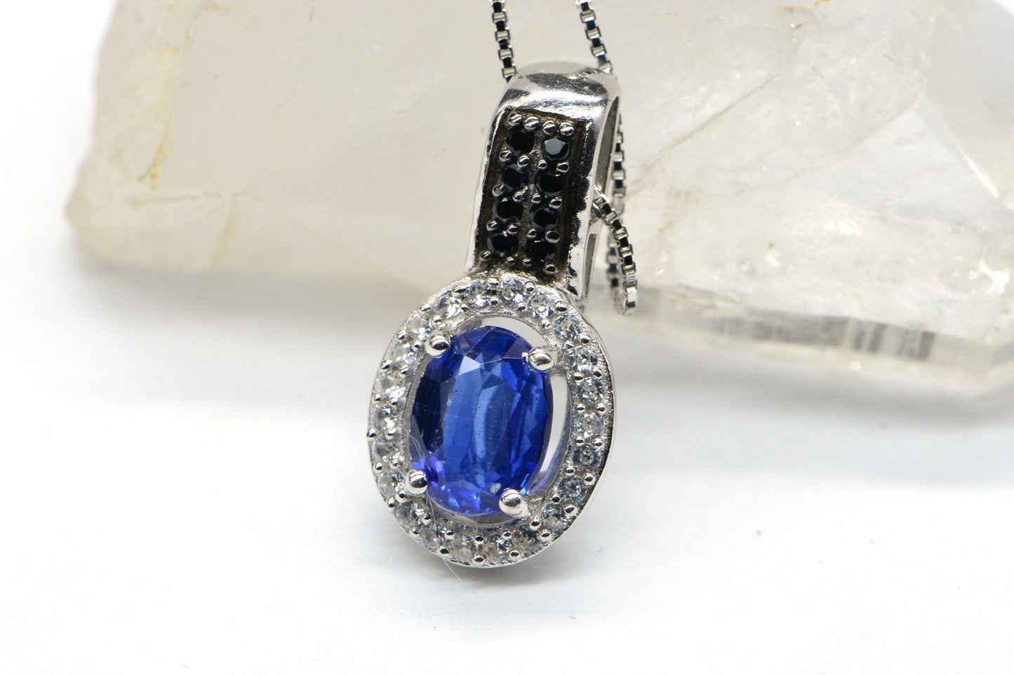 Deep Blue Kyanite Pendant, Halo Sterling Silver Jewelry