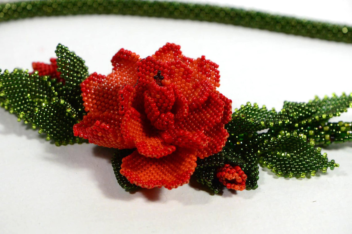 Red Rose Seed Bead Choker Necklace, Floral Jewelry Gift