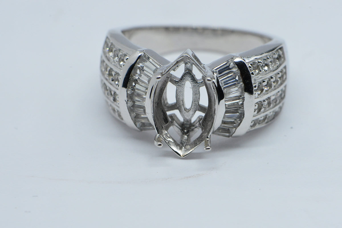 Sterling Silver Halo Ring Setting: Marquise Stone, White Topaz Accents, Size 8 1/4 US