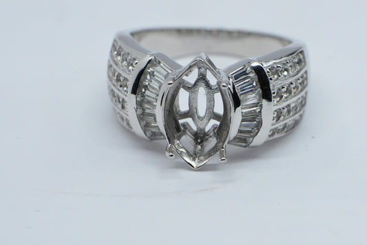 Sterling Silver Halo Ring Setting: Marquise Stone, White Topaz Accents, Size 8 1/4 US