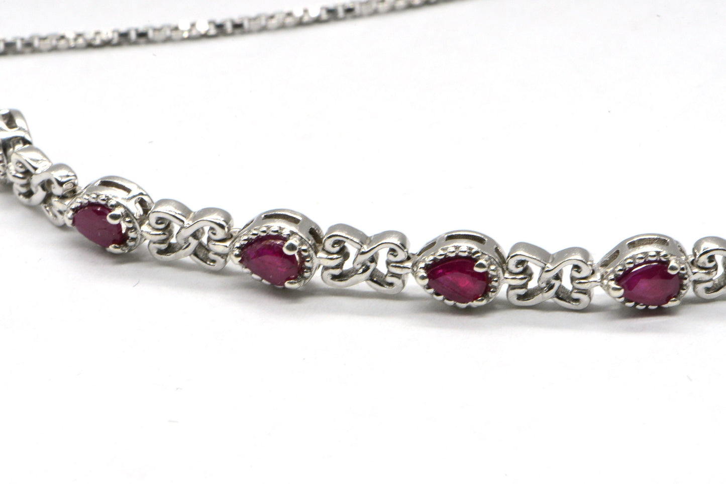 Sterling Silver Ruby Bracelet, Pear Gemstone Link Chain, July Birthstone