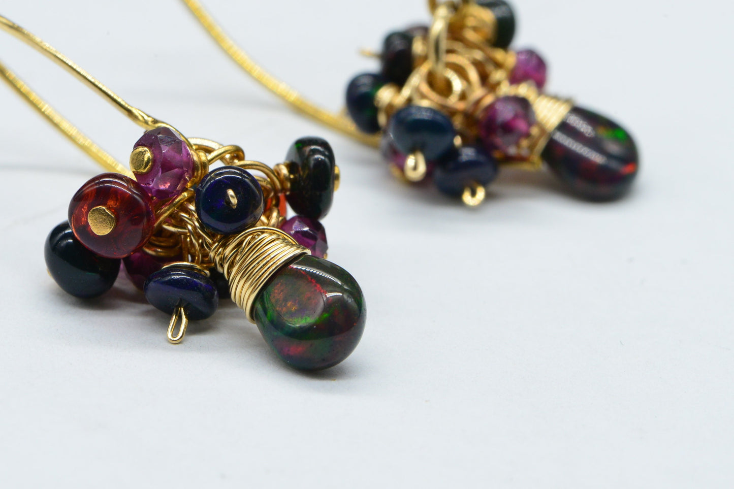 Gold Filled Black Opal Garnet Earrings, Wire Wrapped Dangle Earrings