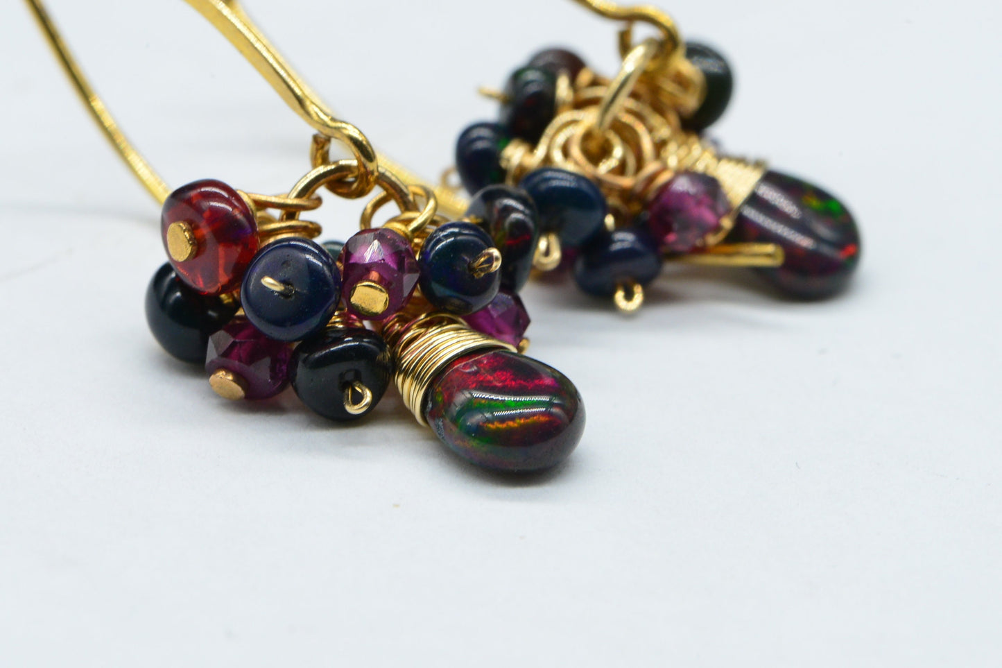 Gold Filled Black Opal Garnet Earrings, Wire Wrapped Dangle Earrings