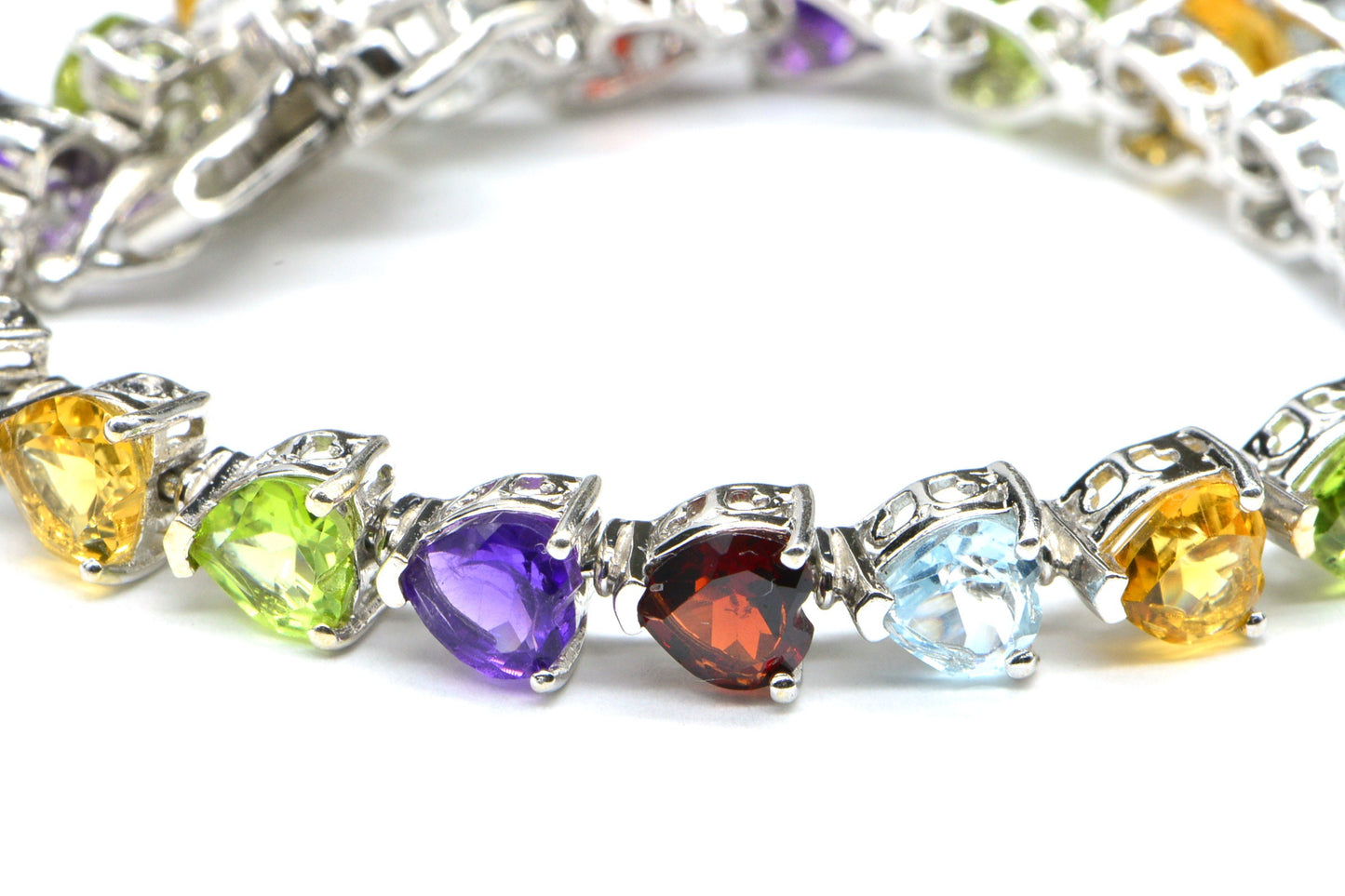 Sterling Silver Multi-Gemstone Heart Bracelet, Rainbow Birthstone