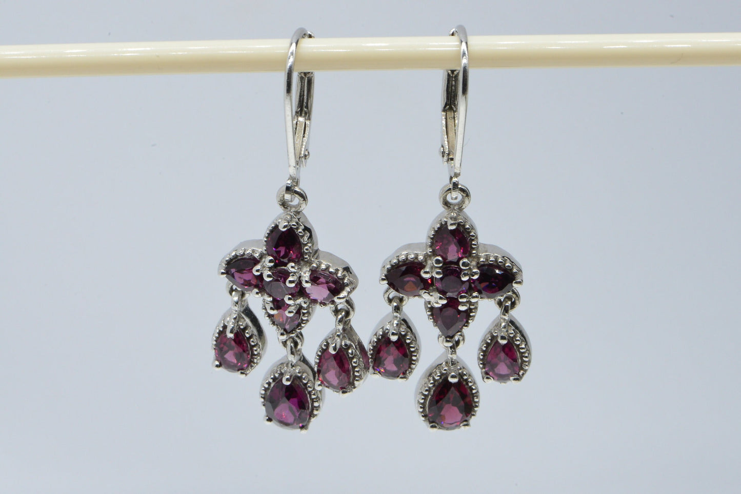 Rhodolite Garnet Cluster Drop Earrings, Platinum Plated Sterling Silver