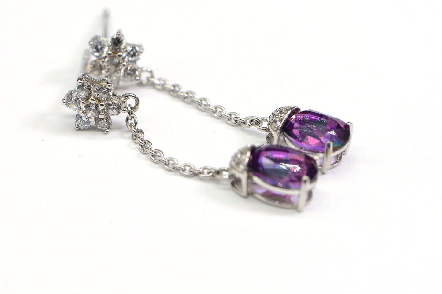 Authentic Rhodolite Garnet Flower White Topaz Chain Dangle Stud Earrings Purple Gemstone  Long Earrings