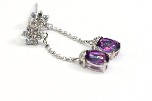 Authentic Rhodolite Garnet Flower White Topaz Chain Dangle Stud Earrings Purple Gemstone  Long Earrings