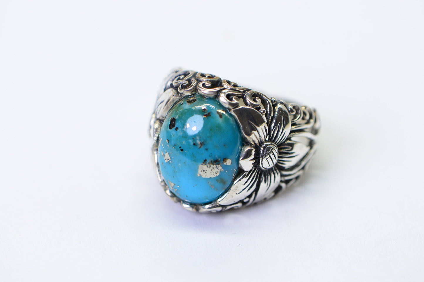 Campitos Turquoise Rings Sterling Silver Flower Design Ring Cocktail Large Gemstone Ring