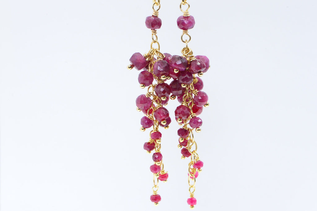 Ruby Cluster Dangle Earrings: 14K Gold Filled Wire Wrapped Lever Backs