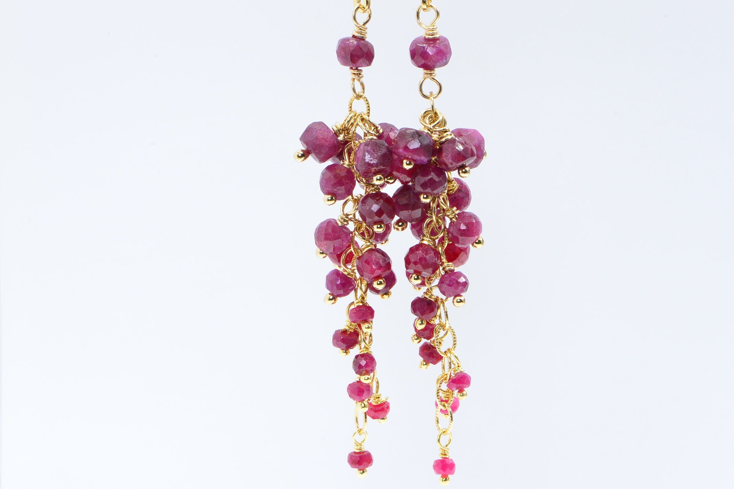 Ruby Cluster Dangle Earrings: 14K Gold Filled Wire Wrapped Lever Backs
