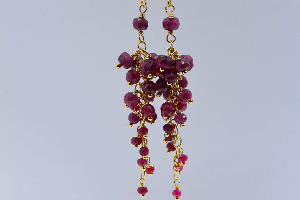 Ruby Cluster Dangle Earrings: 14K Gold Filled Wire Wrapped Lever Backs