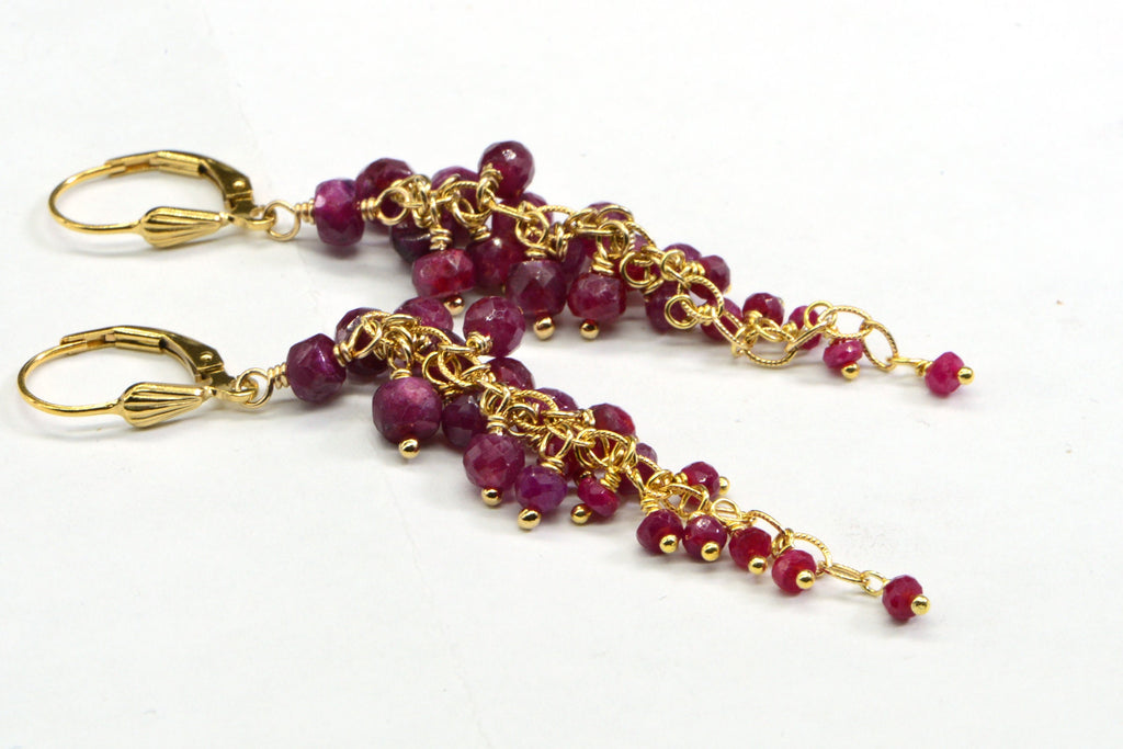 Ruby Cluster Dangle Earrings: 14K Gold Filled Wire Wrapped Lever Backs
