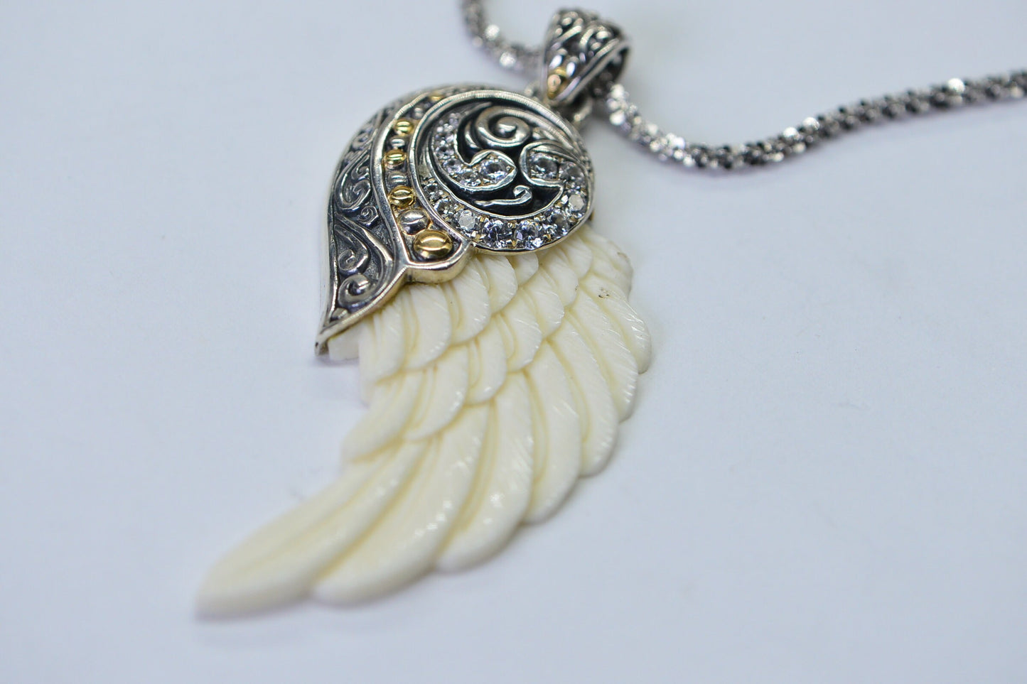 Carved Bone Wing Pendant, Zircon Sterling Silver Necklace, 18 inch Chain