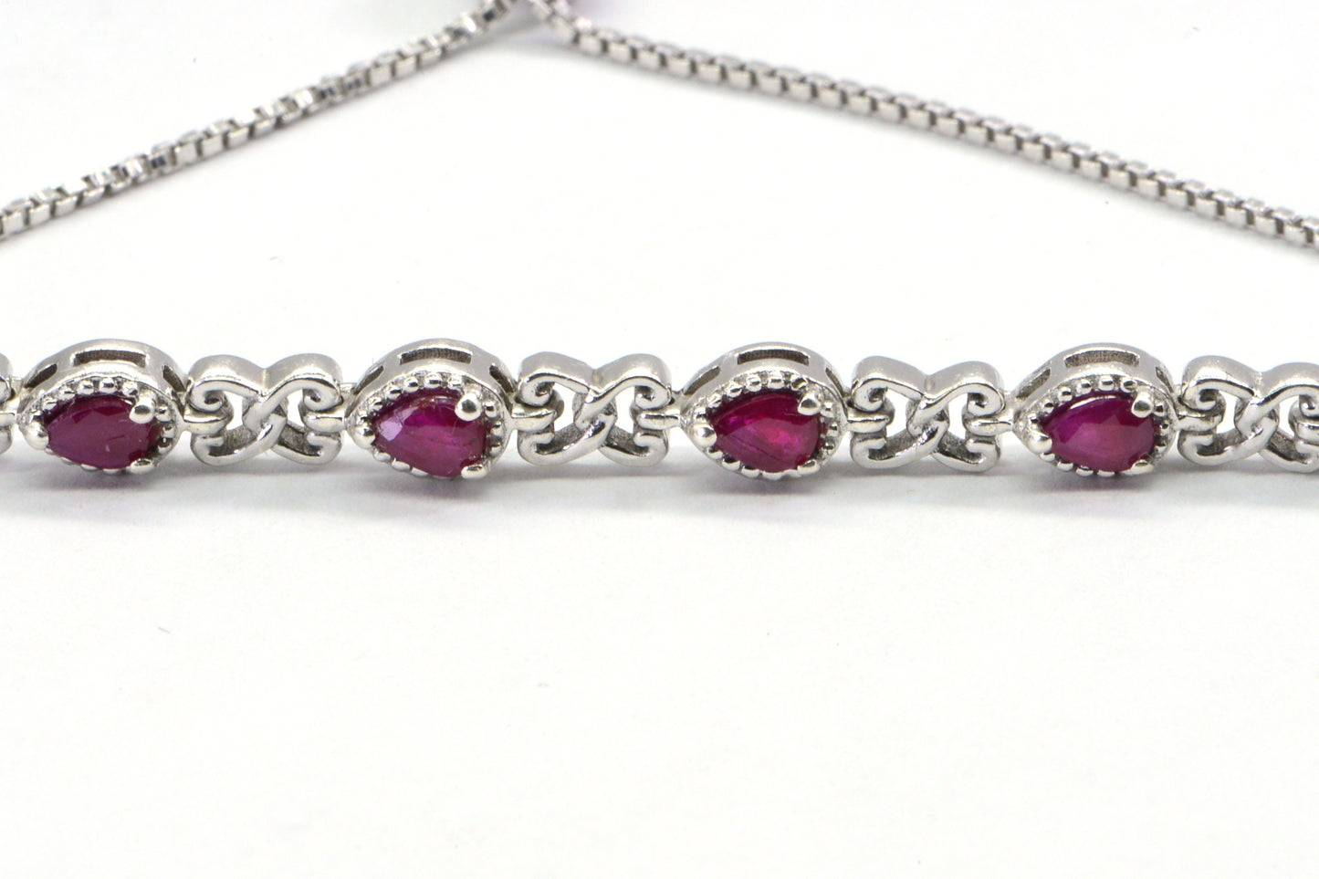 Sterling Silver Ruby Bracelet, Pear Gemstone Link Chain, July Birthstone