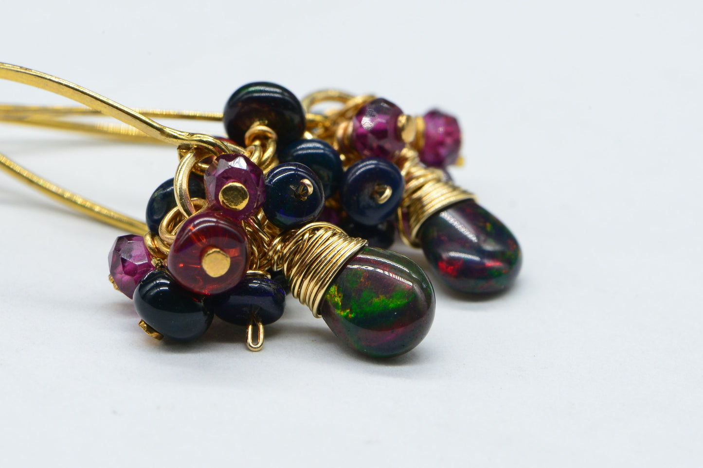 Gold Filled Black Opal Garnet Earrings, Wire Wrapped Dangle Earrings