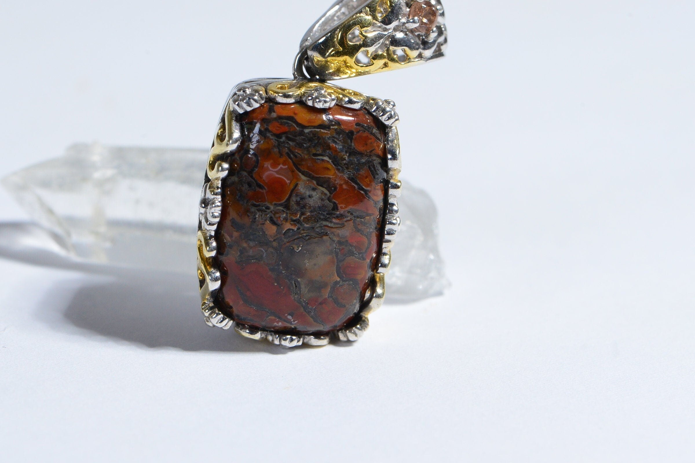 Dinosaur Bone Sterling Silver Pendant Fossilized Dino Bone Genuine Gemstone Necklace Red Orange Brown