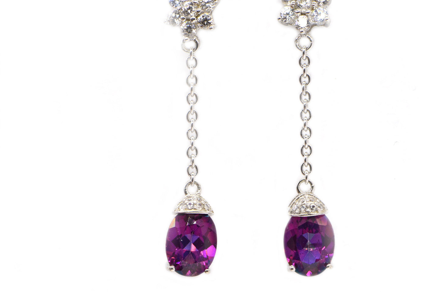 Authentic Rhodolite Garnet Flower White Topaz Chain Dangle Stud Earrings Purple Gemstone  Long Earrings