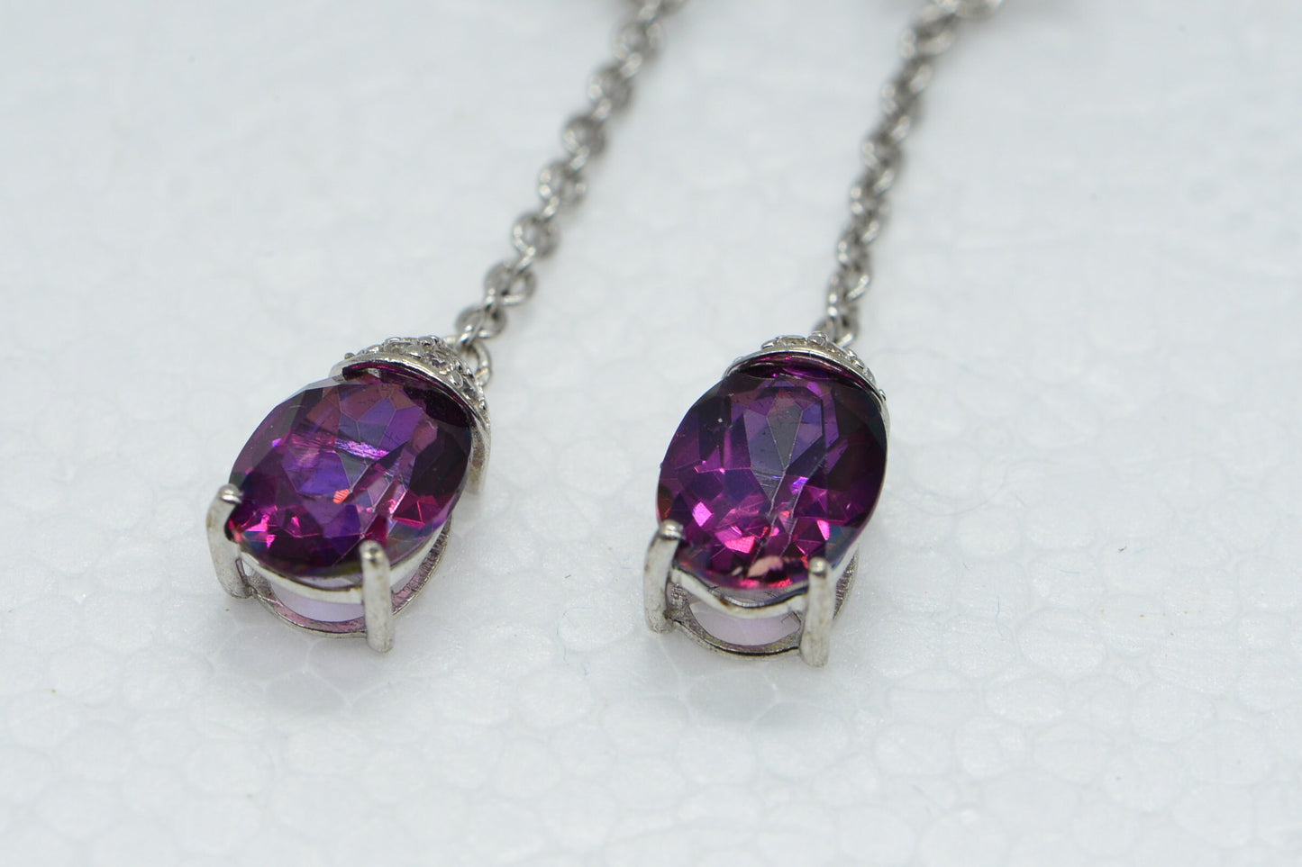 Authentic Rhodolite Garnet Flower White Topaz Chain Dangle Stud Earrings Purple Gemstone  Long Earrings