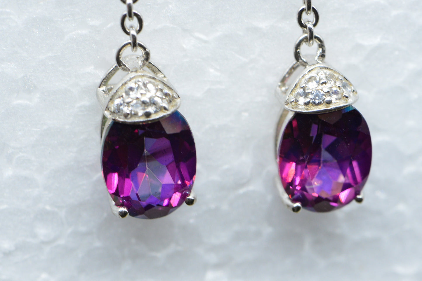 Authentic Rhodolite Garnet Flower White Topaz Chain Dangle Stud Earrings Purple Gemstone  Long Earrings