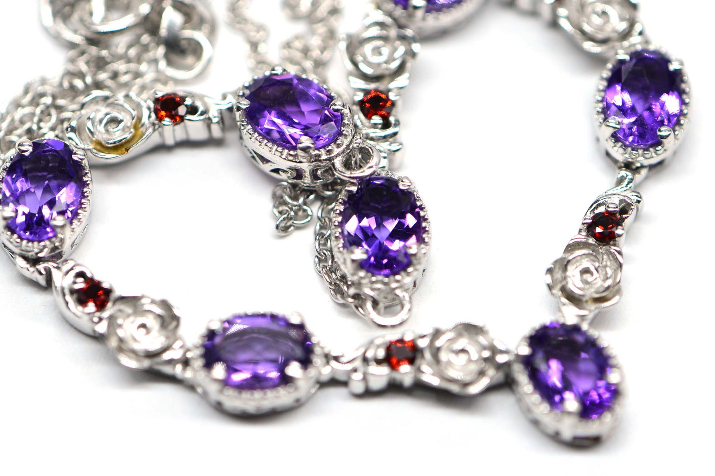 Amethyst Garnet Flower Design  Sterling Silver Necklace