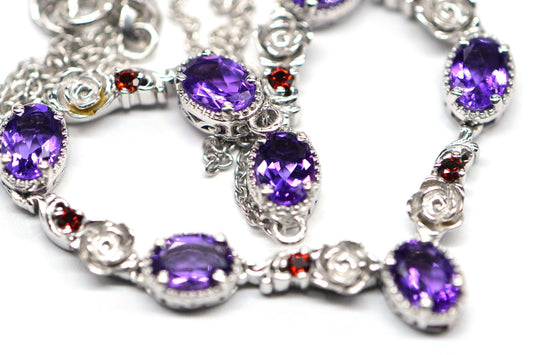 Amethyst Garnet Flower Design  Sterling Silver Necklace