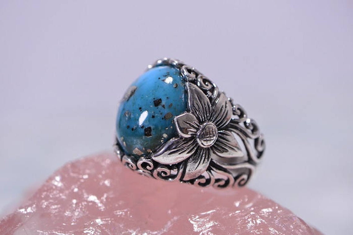 Campitos Turquoise Rings Sterling Silver Flower Design Ring Cocktail Large Gemstone Ring
