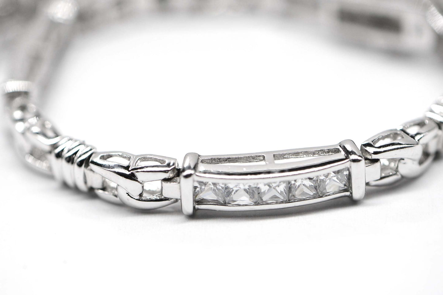 Simulated Diamond Princes cut Brilliant Rectangle Link Sterling Silver Bracelet Vintage Bracelet