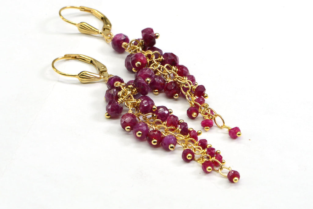 Ruby Cluster Dangle Earrings: 14K Gold Filled Wire Wrapped Lever Backs