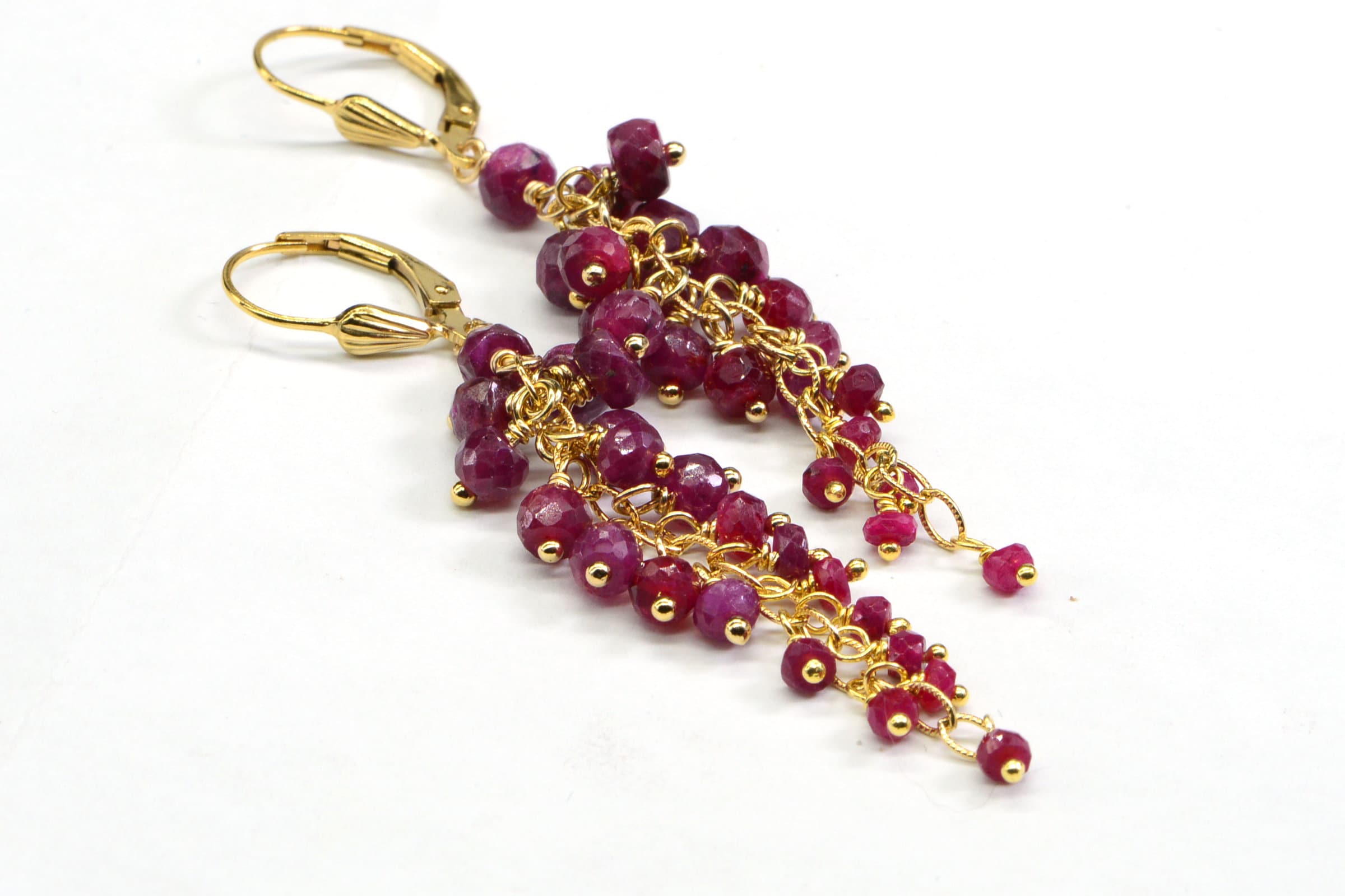 Ruby Cluster Dangle Earrings: 14K Gold Filled Wire Wrapped Lever Backs