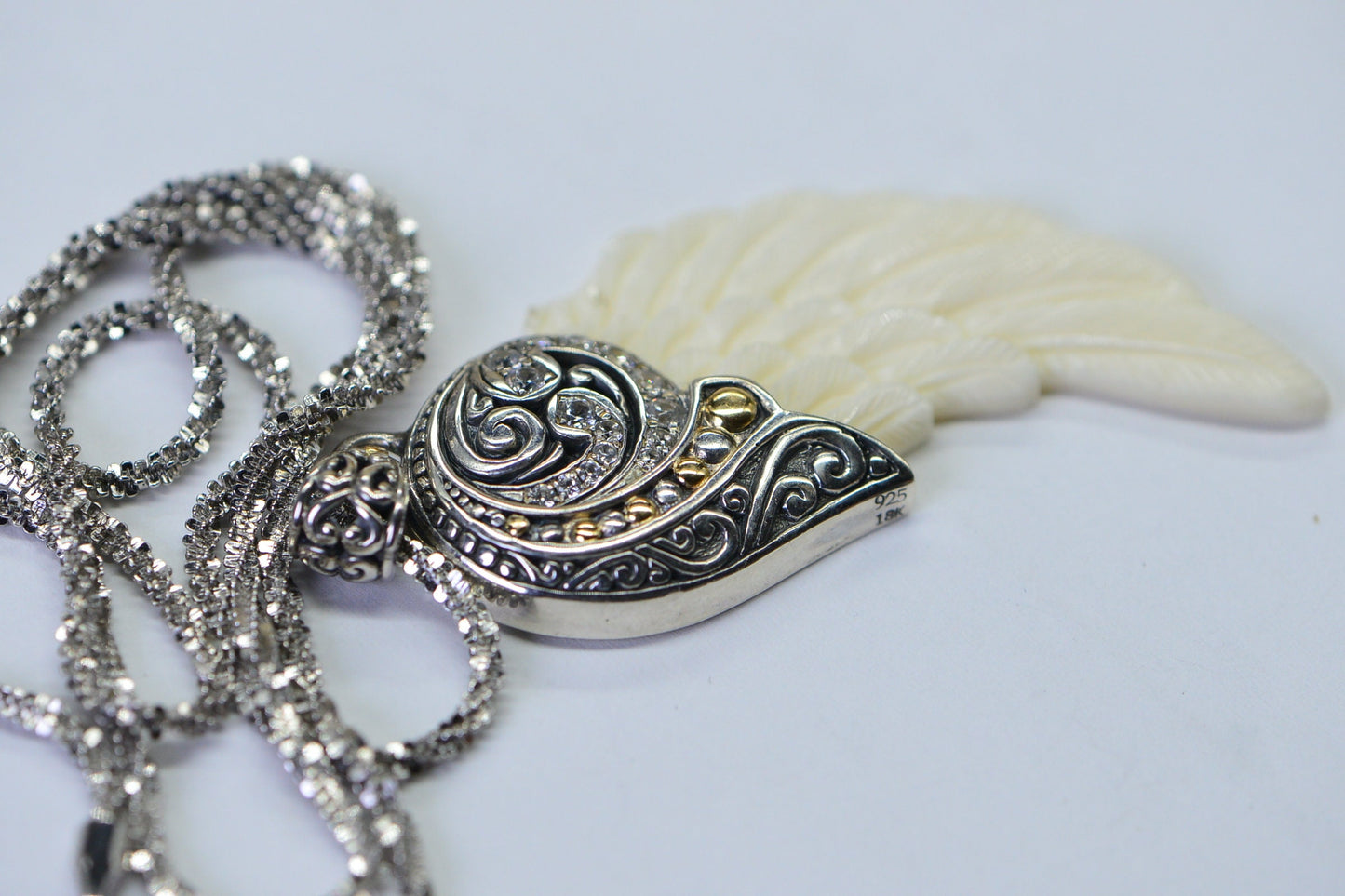 Carved Bone Wing Pendant, Zircon Sterling Silver Necklace, 18 inch Chain