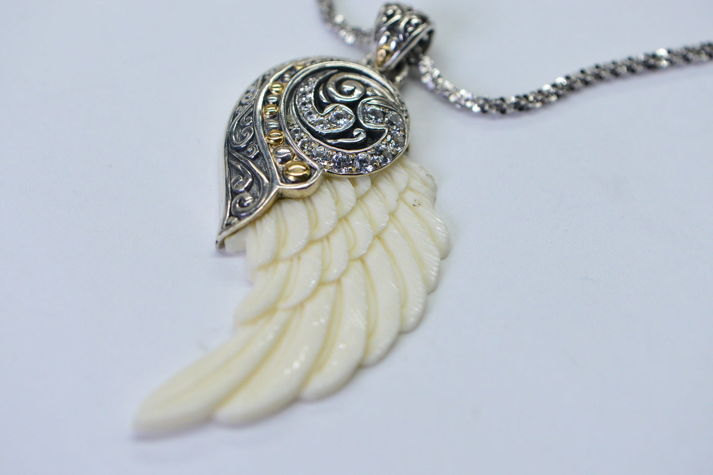 Carved Bone Wing Pendant, Zircon Sterling Silver Necklace, 18 inch Chain