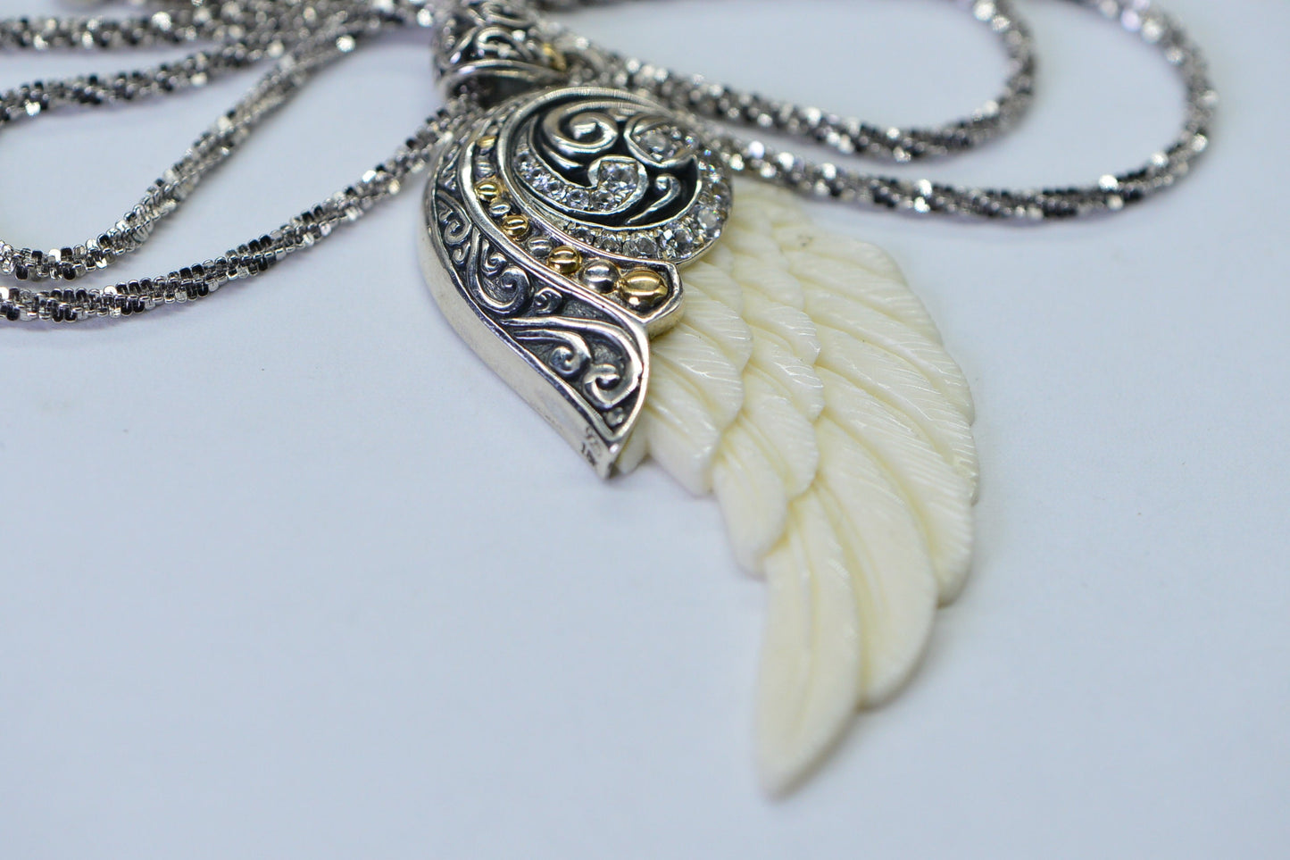 Carved Bone Wing Pendant, Zircon Sterling Silver Necklace, 18 inch Chain