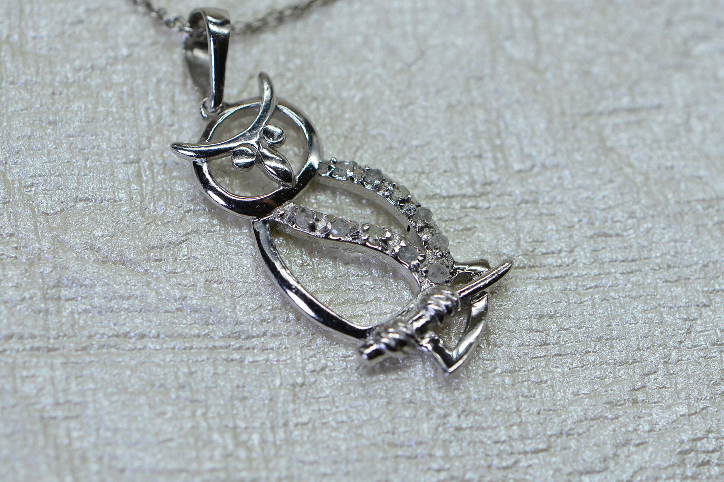 Diamond Owl Pendant, Sterling Silver Necklace, Vintage Style