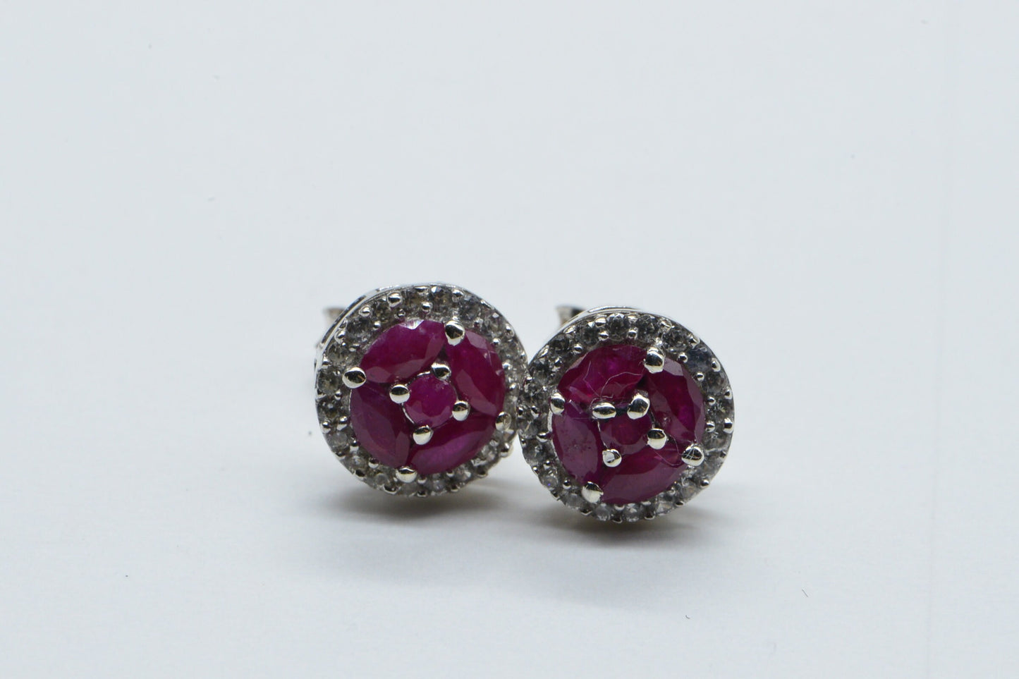 Natural Ruby Earrings, Sterling Silver Flower Halo Studs, July Birthstone