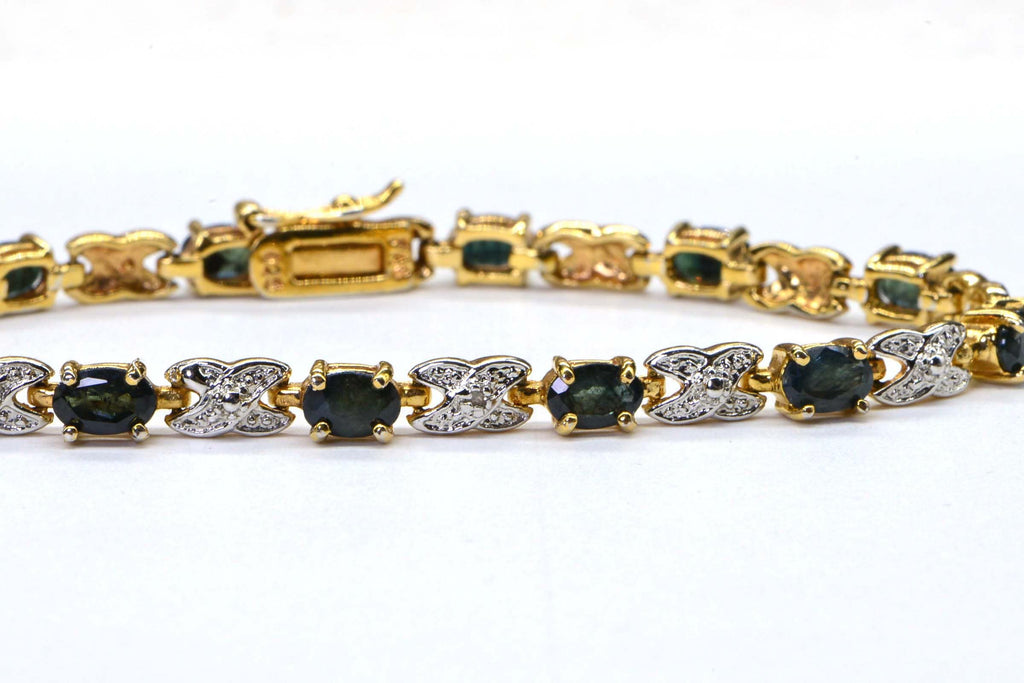 Teal Sapphire Diamond Tennis Bracelet: 14K Yellow Gold Over Sterling Silver