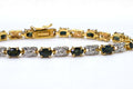 Teal Sapphire Diamond Tennis Bracelet: 14K Yellow Gold Over Sterling Silver