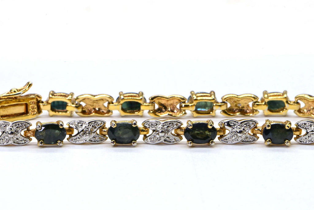 Teal Sapphire Diamond Tennis Bracelet: 14K Yellow Gold Over Sterling Silver