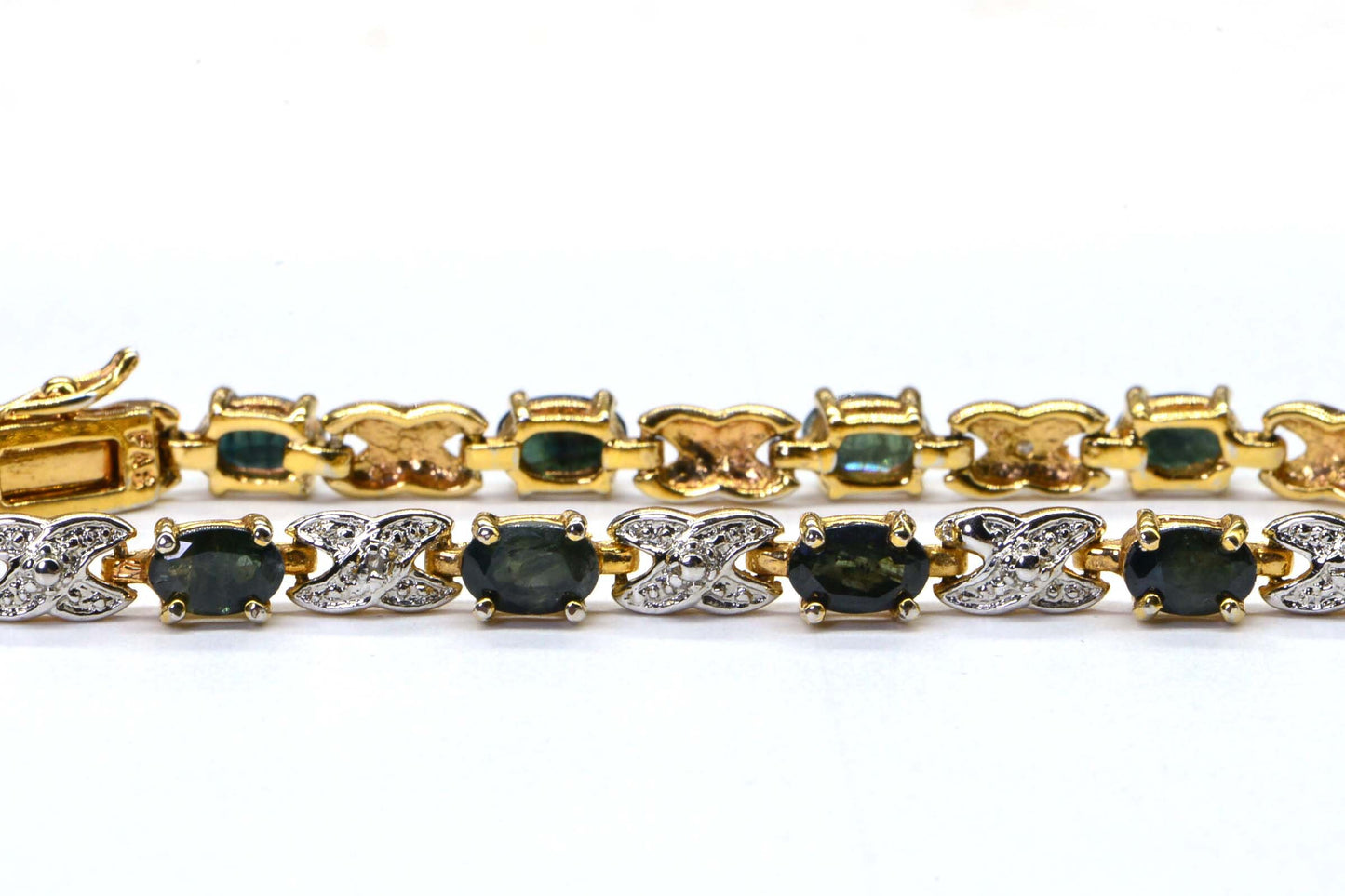 Teal Sapphire Diamond Tennis Bracelet: 14K Yellow Gold Over Sterling Silver