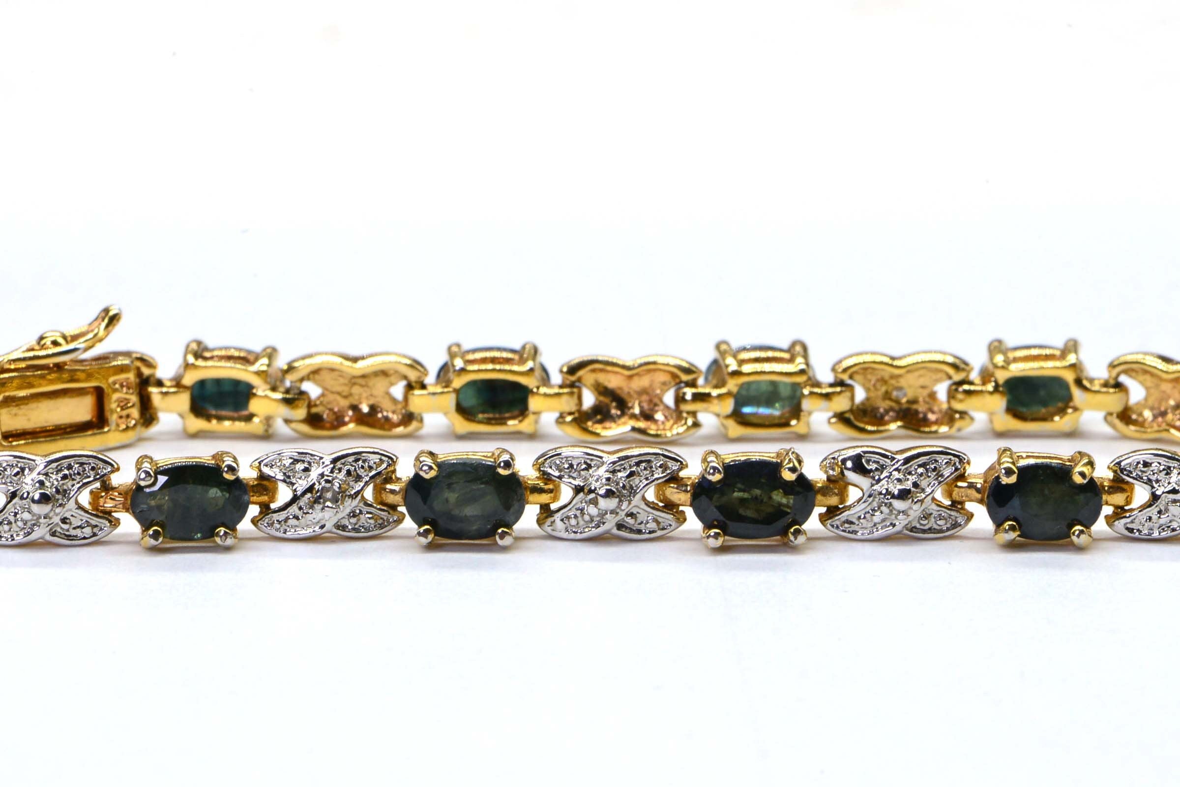 Teal Sapphire Diamond Tennis Bracelet: 14K Yellow Gold Over Sterling Silver