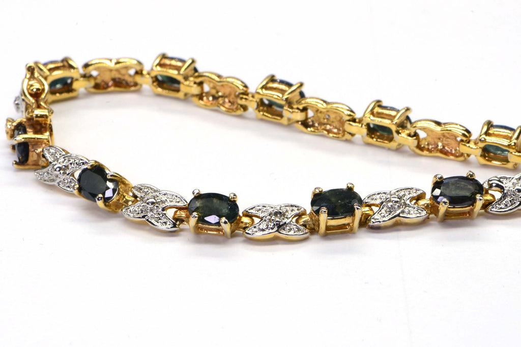 Teal Sapphire Diamond Tennis Bracelet: 14K Yellow Gold Over Sterling Silver