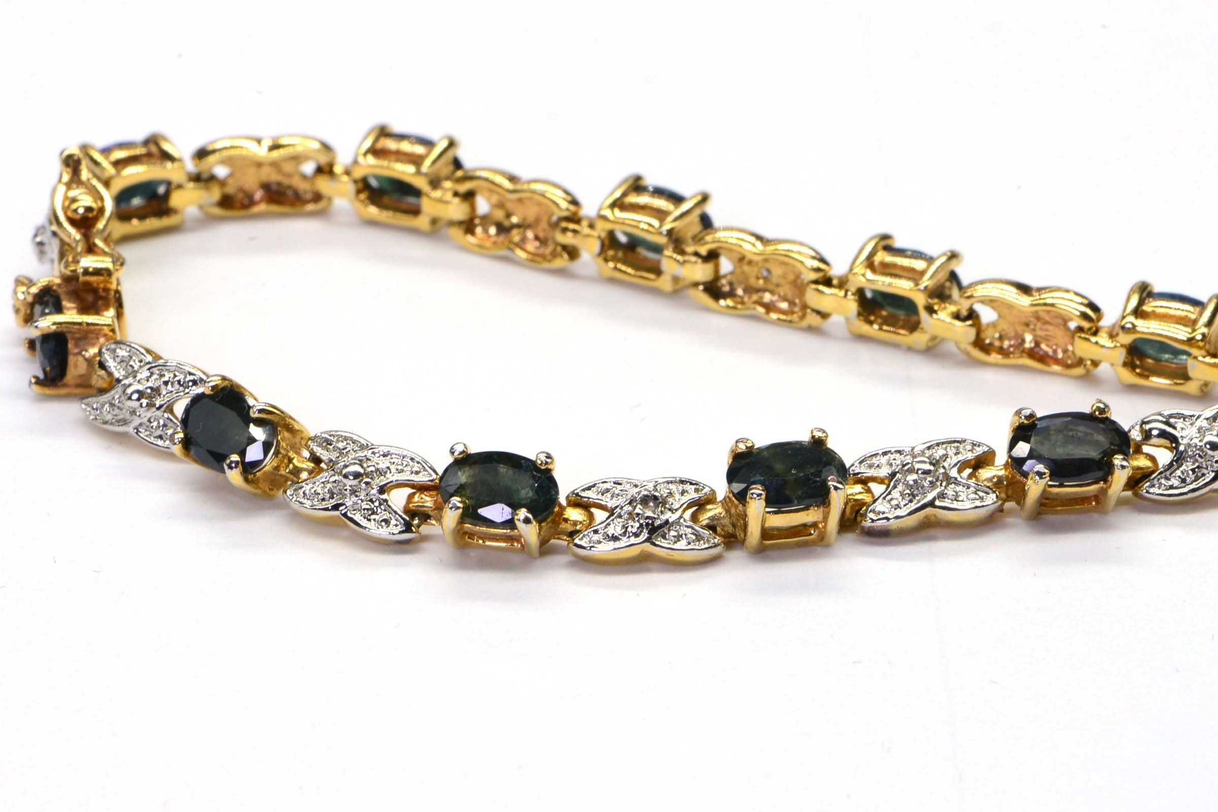 Teal Sapphire Diamond Tennis Bracelet: 14K Yellow Gold Over Sterling Silver