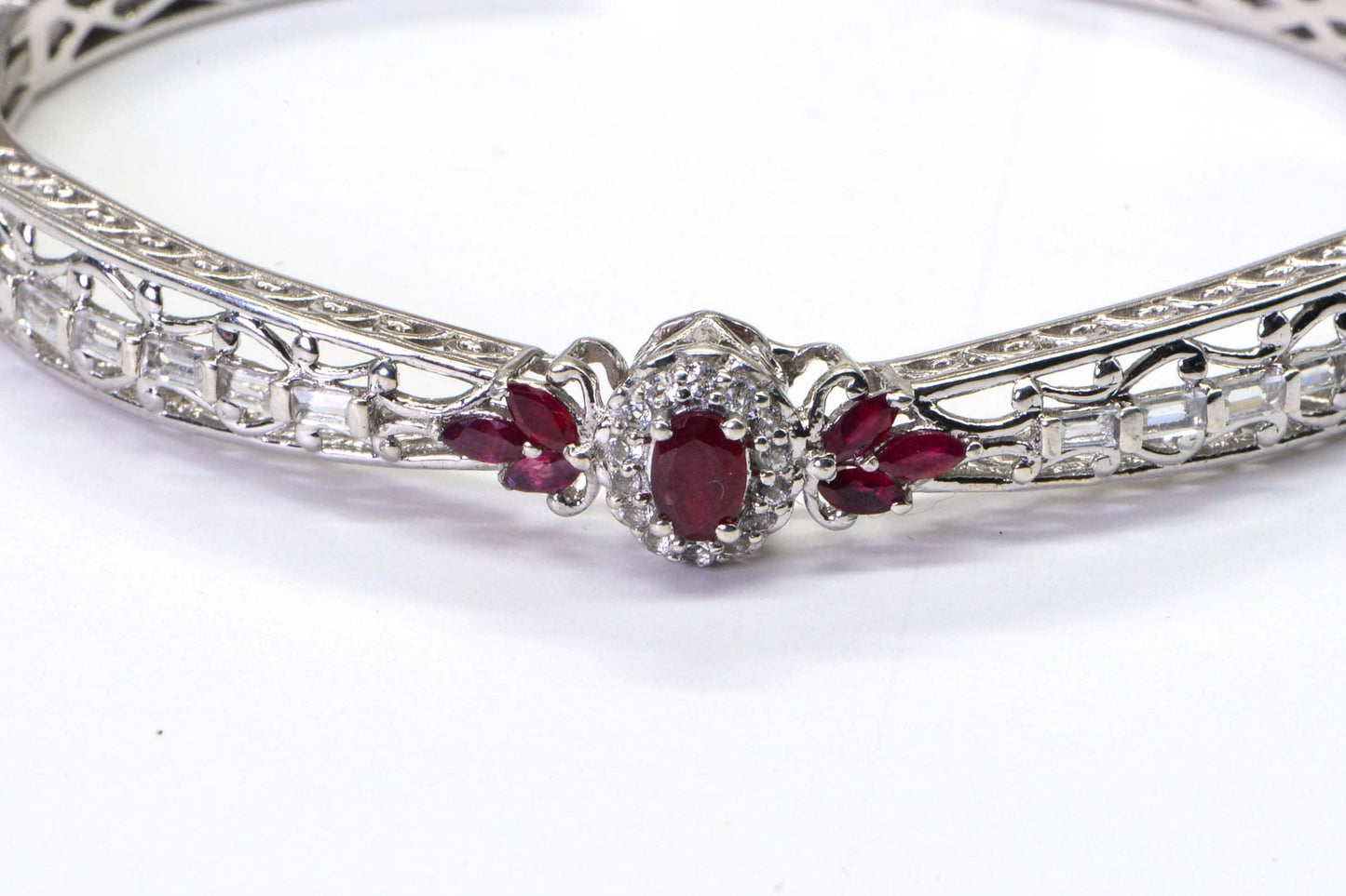 Natural Ruby Bolo Bracelet, White Topaz, Sterling Silver Cuff, July Birthstone