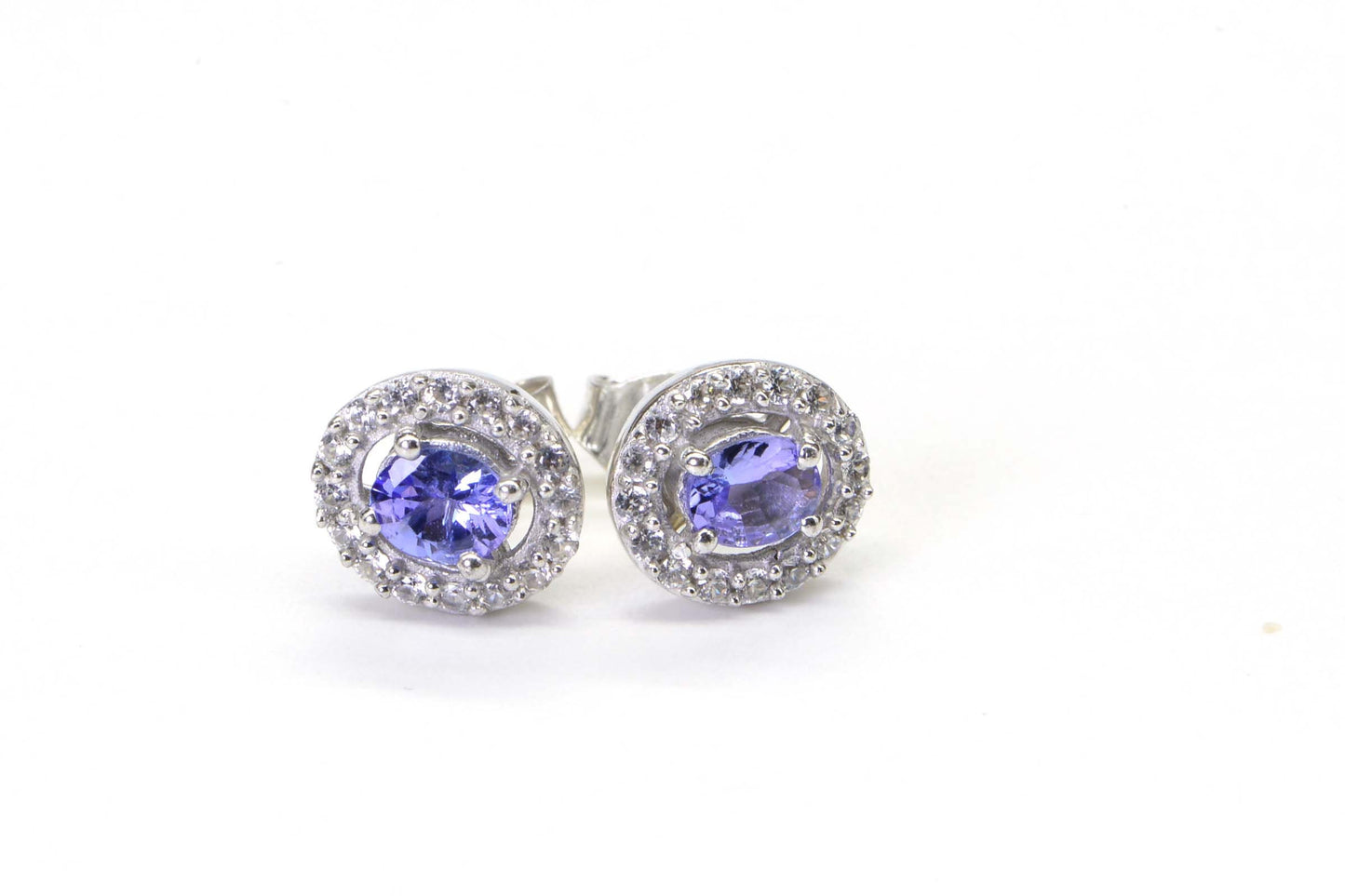 Tanzanite Halo Stud Earrings, December Birthstone, Sterling Silver CZ