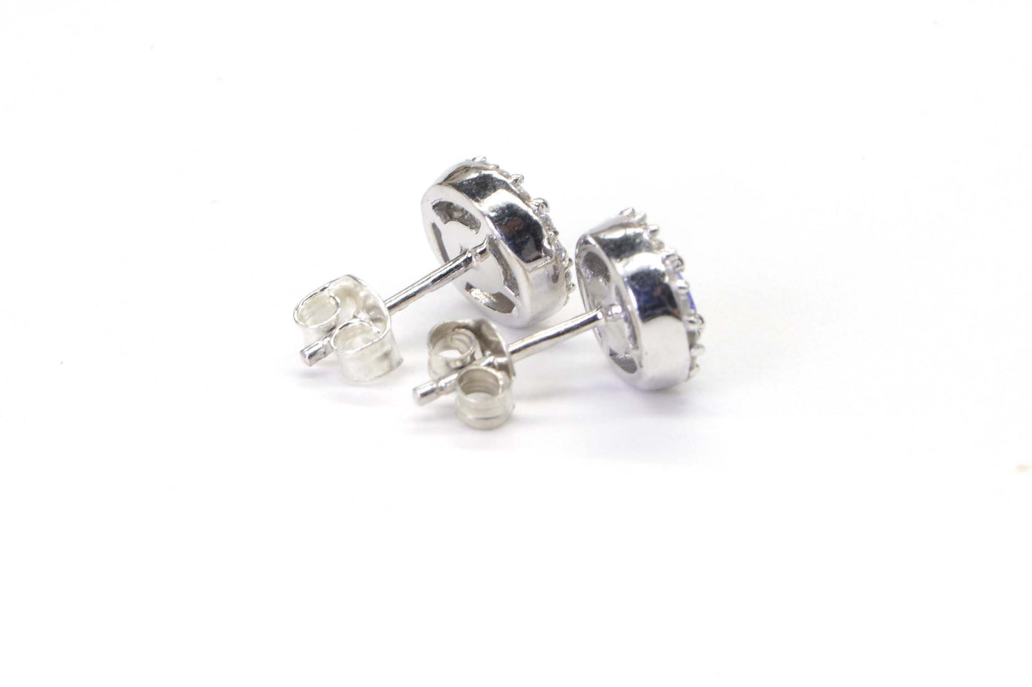 Tanzanite Halo Stud Earrings, December Birthstone, Sterling Silver CZ