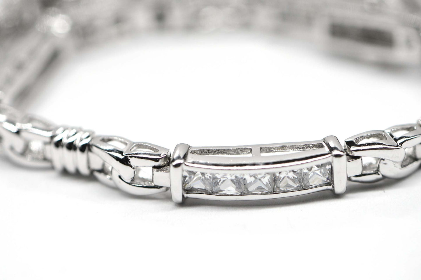 Simulated Diamond Princes cut Brilliant Rectangle Link Sterling Silver Bracelet Vintage Bracelet