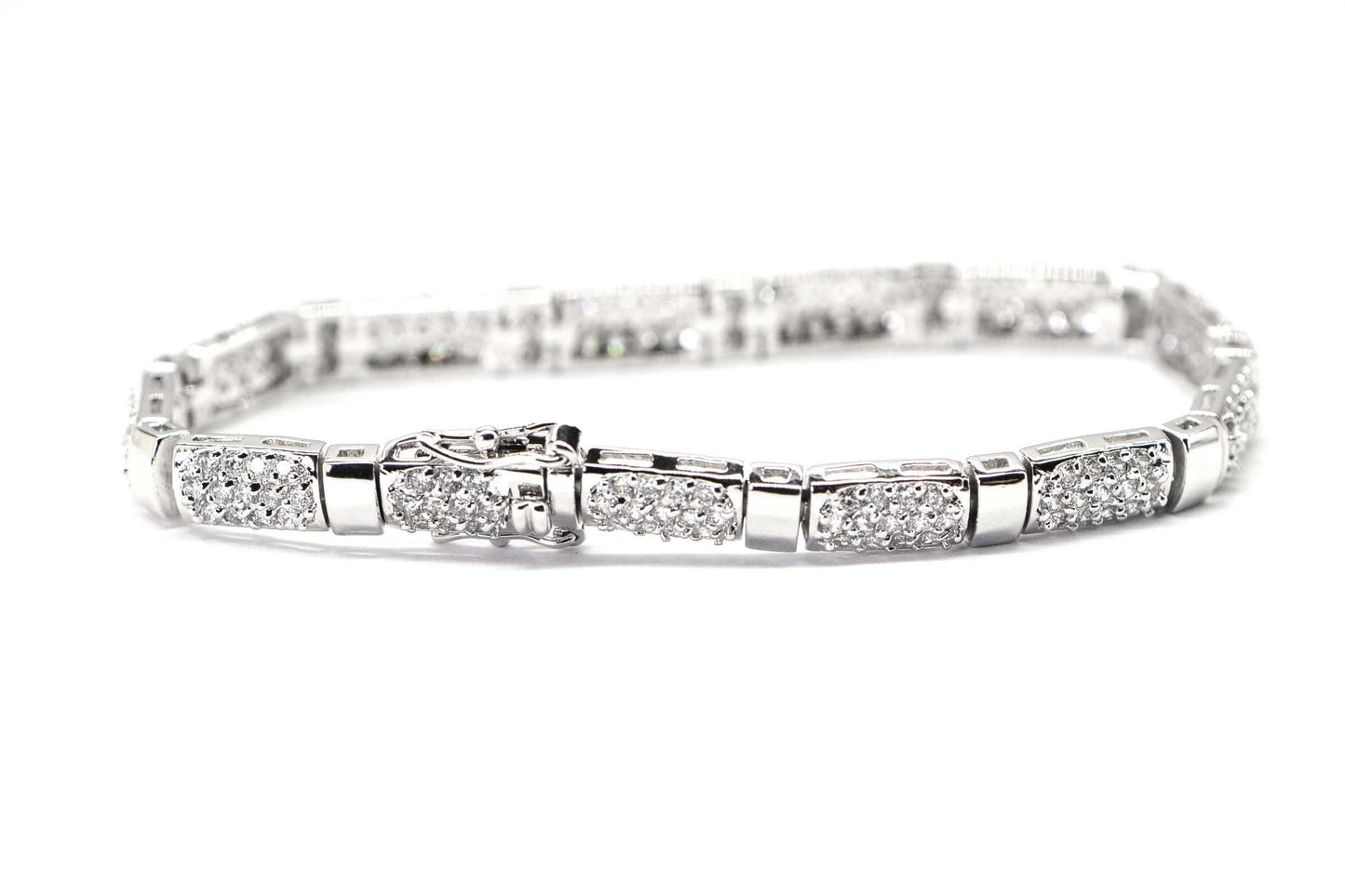 Simulated Diamond round cut Brilliant Rectangle Link Sterling Silver Bracelet Vintage Bracelet