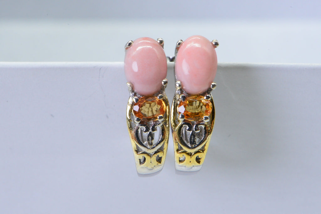 Pink Coral Fire Opal J Style Stud Earrings Two Color Metal Gold and Silver