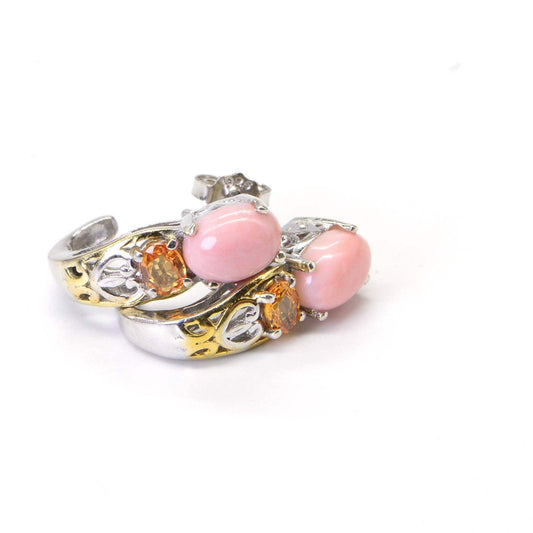 Pink Coral Fire Opal J Style Stud Earrings Two Color Metal Gold and Silver