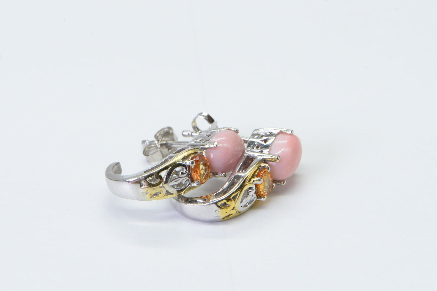 Pink Coral Stud Earrings, Rhodium Over Sterling Silver, Orange Opal