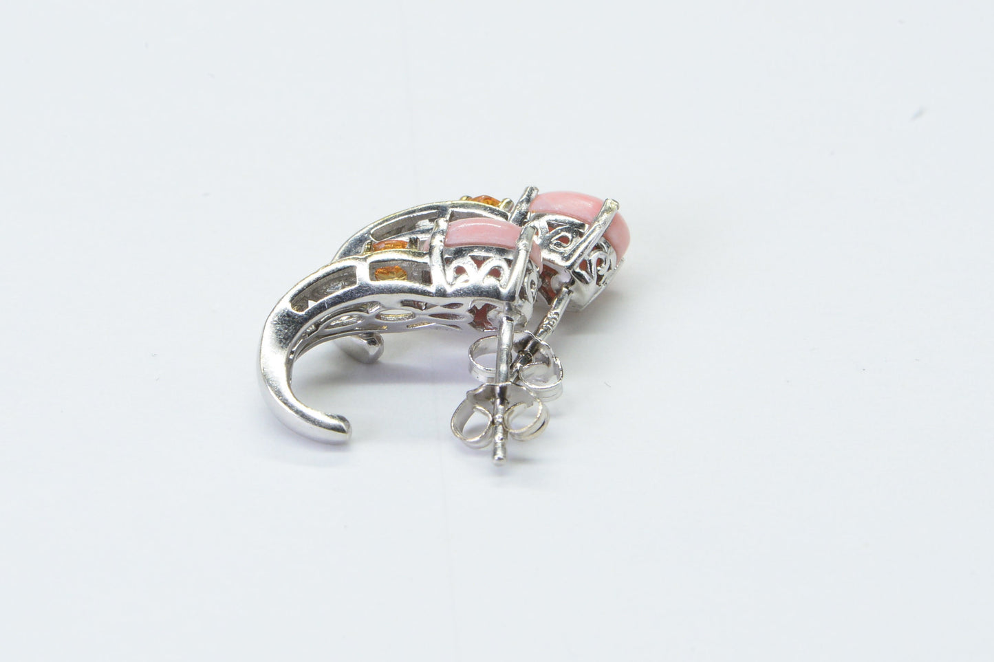 Pink Coral Stud Earrings, Rhodium Over Sterling Silver, Orange Opal